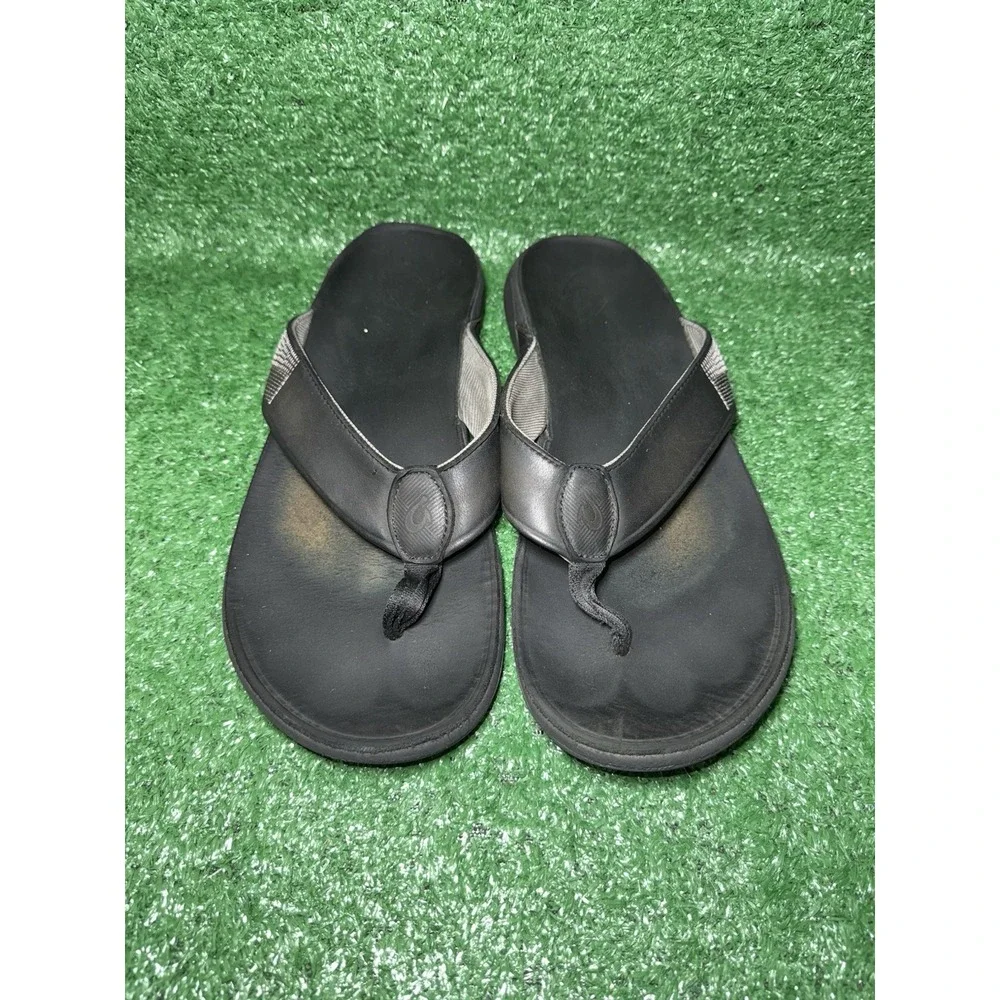OluKai Tuahine Mens Size 13 Leather Black Beach Flip Flops Sandals Thong Slip On - Picture 5 of 8